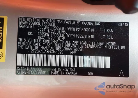 2015 Lexus Rx 350 z USA, uszkodzony, nr VIN 2T2BK1BA8FC341025